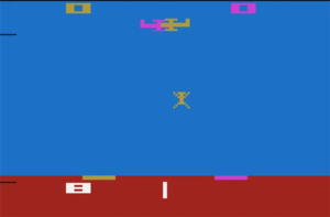 Captura de pantalla del Sky Diver de Atari (1979), que muestra las primeras técnicas gráficas del VCS.