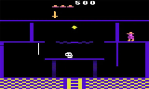 Captura de pantalla del sofisticado juego de plataformas Montezuma's Revenge (1984) de Parker Brothers.